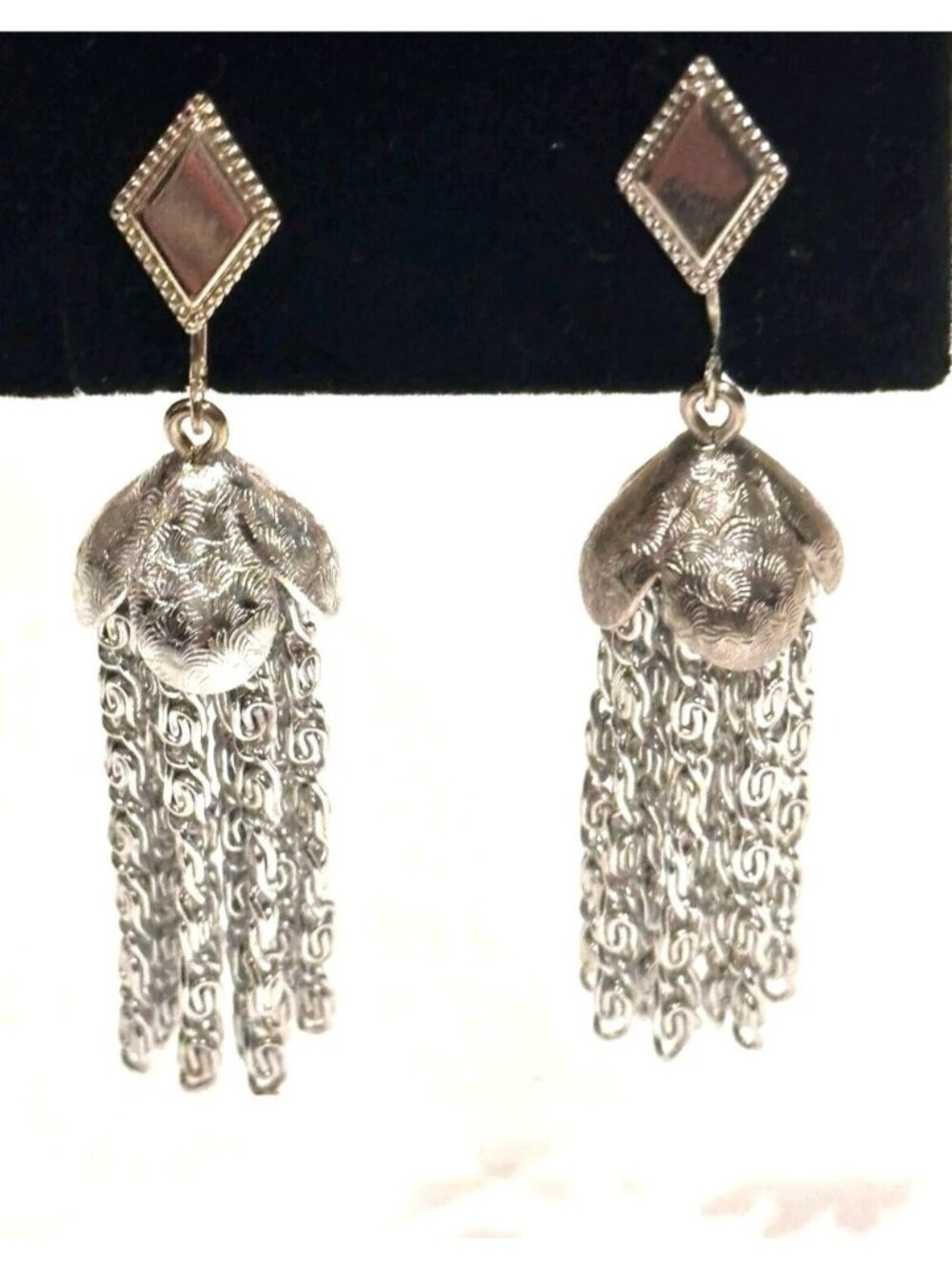 Vintage Sarah Coventry Silver-Tone Clip-On Earrings with Dangle Chain Tassels